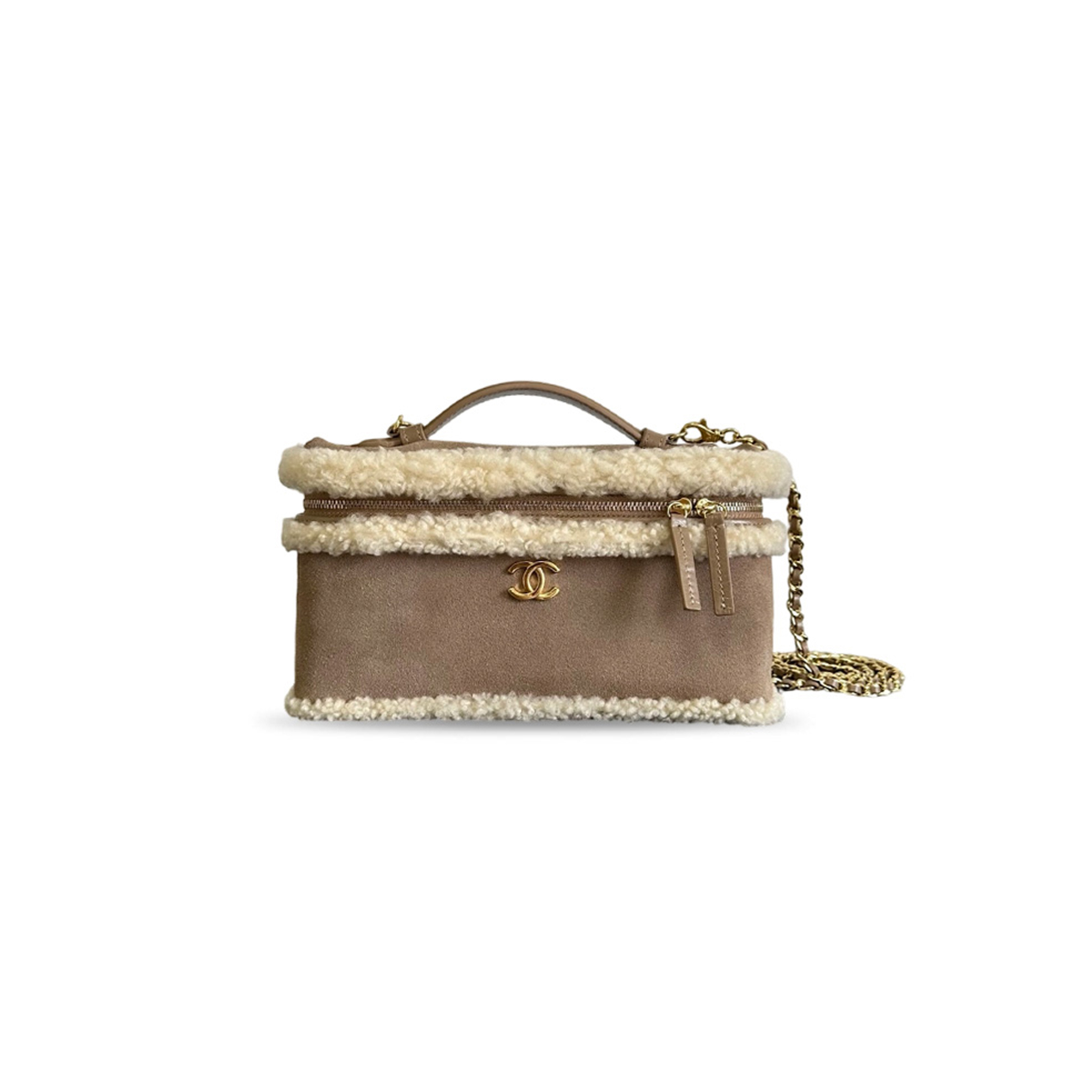 CHANEL TOP HANDLE LONG VANITY CASE WITH CHAIN DARK BROWN AGED CALFSKIN (19.5*17*5cm)